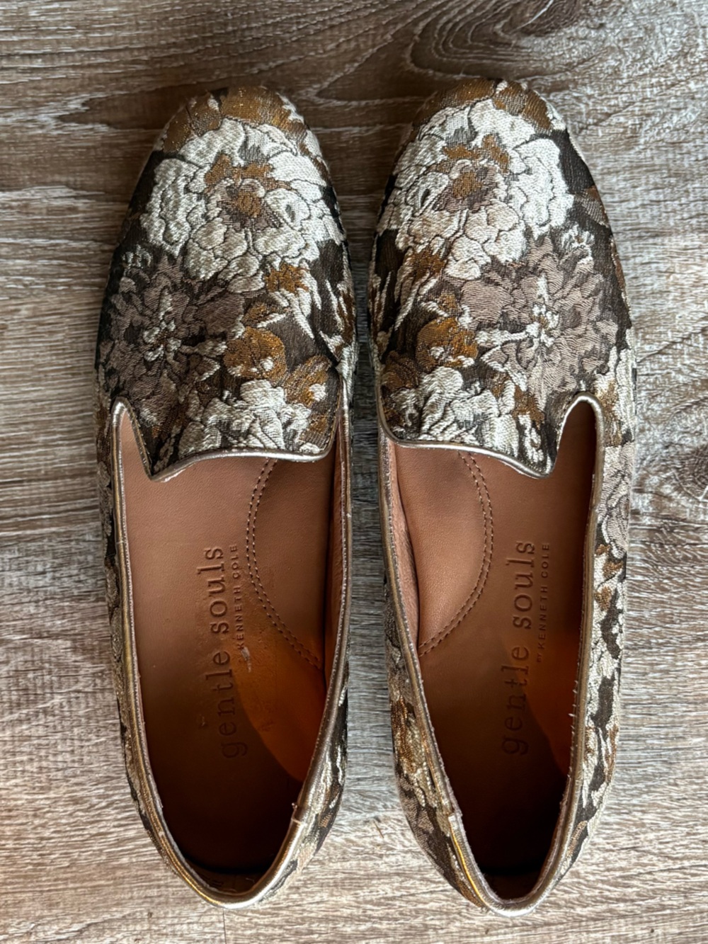 gentle souls Brown Gold Floral Jacquard Loafers
